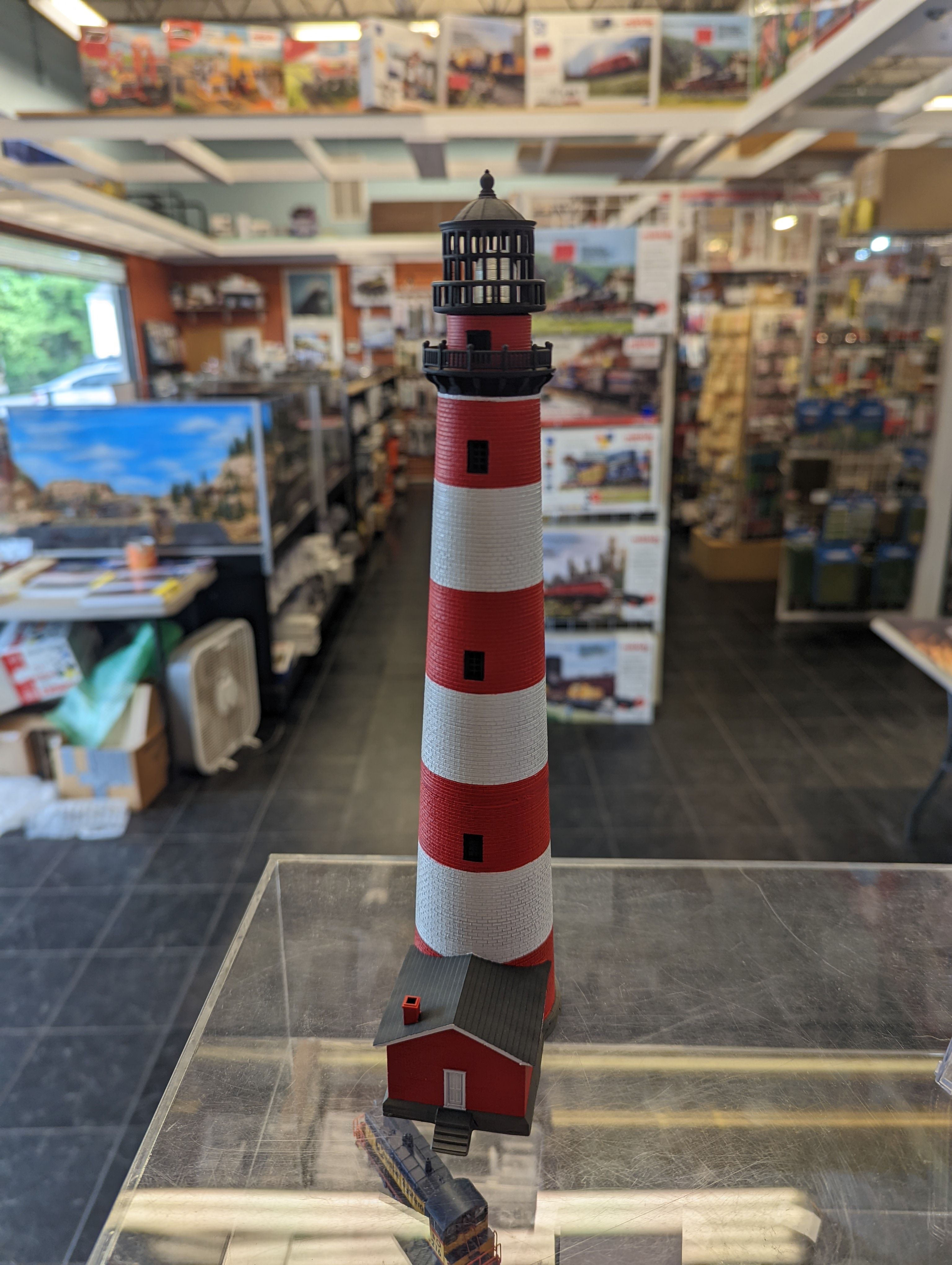 An N-Scale model of the Assateague Lighthouse.